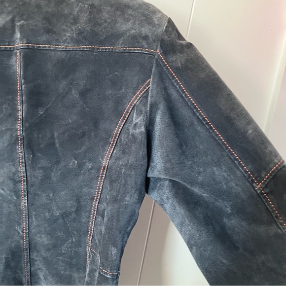 Vintage Danier Suede Leather Denim Blue Jacket Orange Contrast Stitching Y2K - Picture 11 of 13